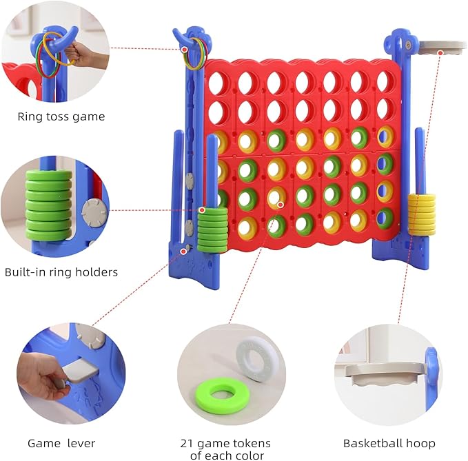 UNICOO® Height Adjustable Jumbo 4-to-Score Game, 4 in A Row Game with Basketball Hoop, Ring Toss, Carrying Bag, Indoor Outdoor Yard Game, Parties & Family Gatherings