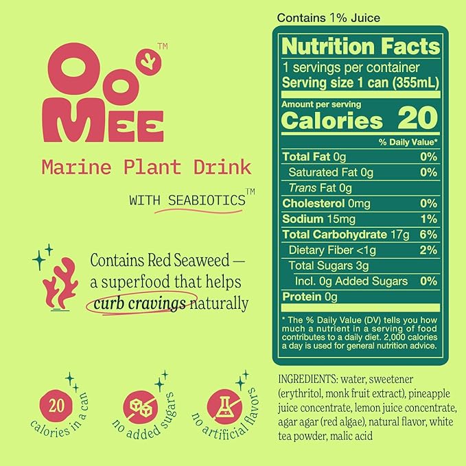 OoMee Prebiotic Drink | Peach & Lemon | Plant-Based Vegan Beverage with Marine-Sourced Agar Prebiotics (Seabiotics) for Digestive & Gut Health Functional Drink – 12oz Cans, 12-Pack