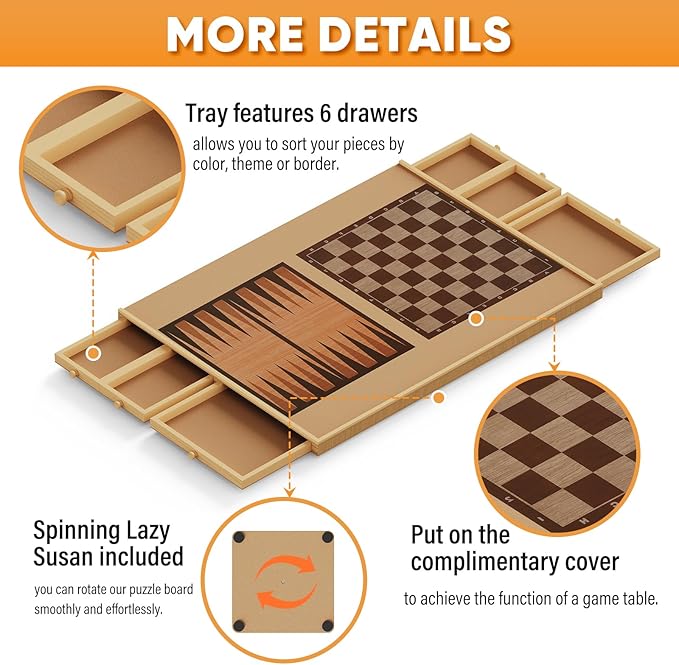 1500 Pieces Puzzle Board with 6 Drawers with Chess Set | 34.8" x 27" Portable Puzzle Table with Cover Mat, Multifunctional Tables for Adults and Kids