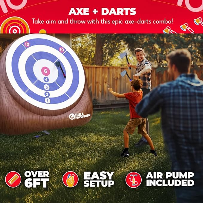 Swooc Games® - Bull Hawker™ | Giant Axe Darts (Over 6ft Tall) w/ 15+ Games | Axe Throwing Game for Backyard w/Air Pump | Outdoor Games for Adults and Family | Carnival Games | Throwing Axe Yard Games