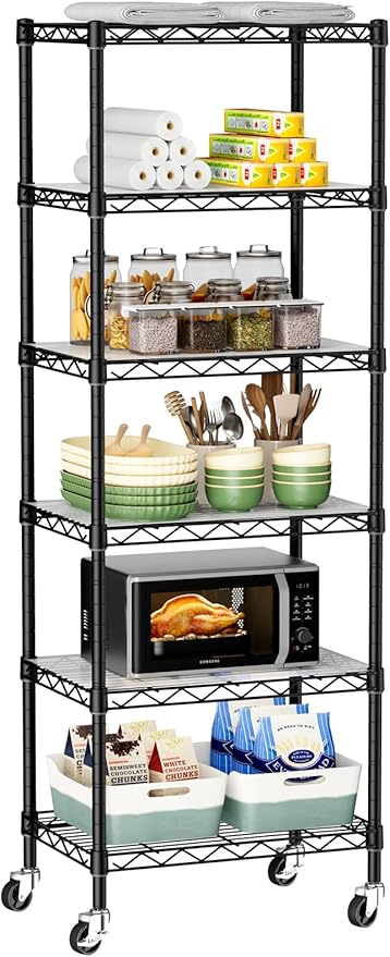 Small 6 Tier Shelves Storage Wire Shelving Unit Metal Shelf Adjustable Organizers Storage Shelving with Wheels for Bathroom Laundry Room Kitchen Pantry12โD x 18โW x 61.6โH Black