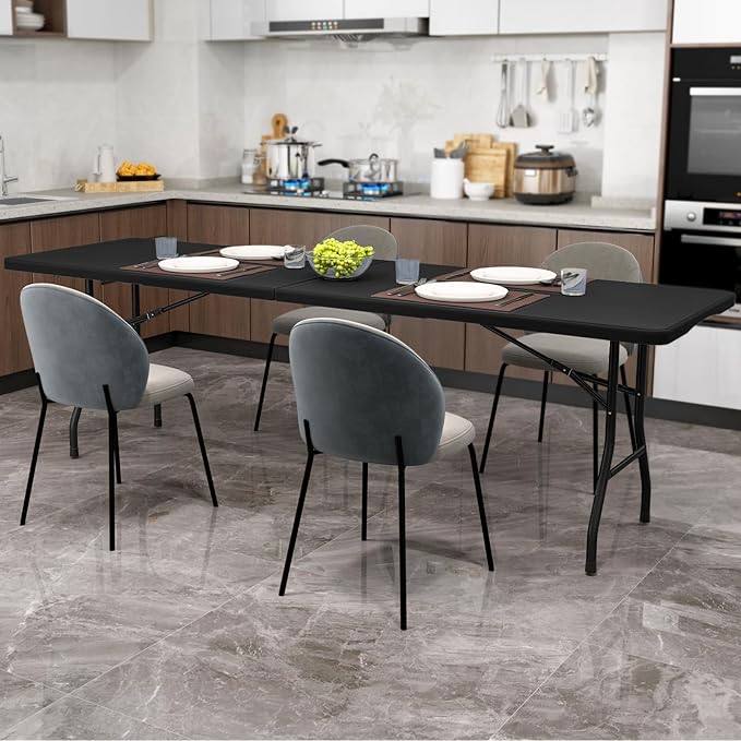 Goplus 8ft Plastic Folding Table, 350 LBS Outdoor Heavy Duty Folding Tables with HDPE Tabletop, Handle, Lock, Foldable Rectangle Portable Utility Card Table for Picnic, Party, Camping, Dining