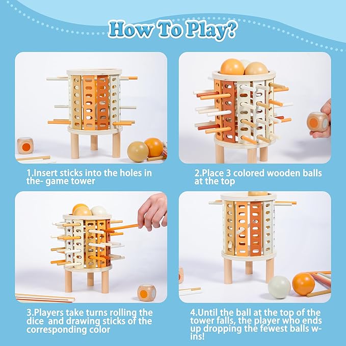 Montessori Toys for 3 Years Old - Wooden Tower Sticks Game, 3-in-1 Ball Drop and Pick-up Sticks Game with Dice - Balance Toy for Patience Training