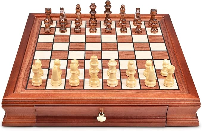 AMEROUS 12.8'' Magnetic Wooden Chess Set / 2 Built-in Storage Drawers / 2 Extra Queen/Gift Package/Chess Rules/Classics Strategy Board Games Chess Sets for Kids and Adults