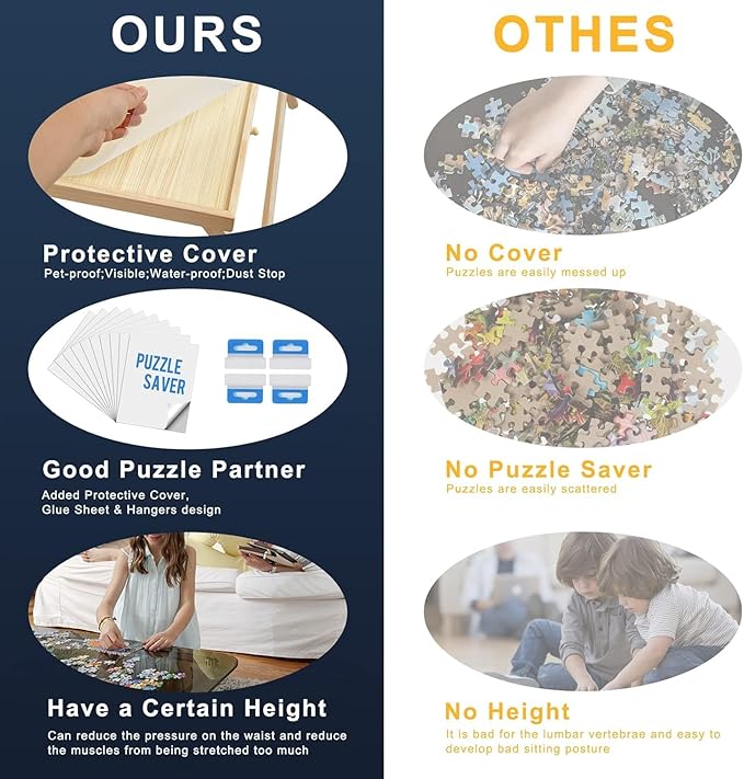 TEAKMAMA 1500 Piece Wooden Jigsaw Puzzle Board with 4 Drawers, Folding Puzzle Table with Protective Cover, Jigsaw Board with Legs, Multifunctional Game Table for Adults, 34W x 26.3D, Natural