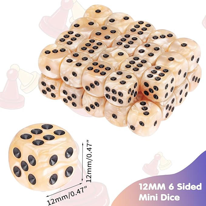 36 Pieces 12mm 6 Sided Mini Dice Set,Pearl Pattern D6 Game Dice Set,6 Sided Standard Game Dice for Board Games Dice Games Classroom Teaching Dices Game,with Portable Gaming Box(Beige)