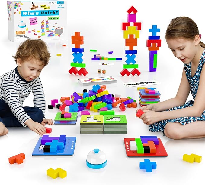 4-in-1 Family Board Games, 120 Pcs Wooden Multi-Level Montessori Toy Fast 3D Shape Pattern Matching Puzzle Stacking Building Blocks Fun Game for Kids Adults Family Night/Party, 1-6 Players Ages 4+