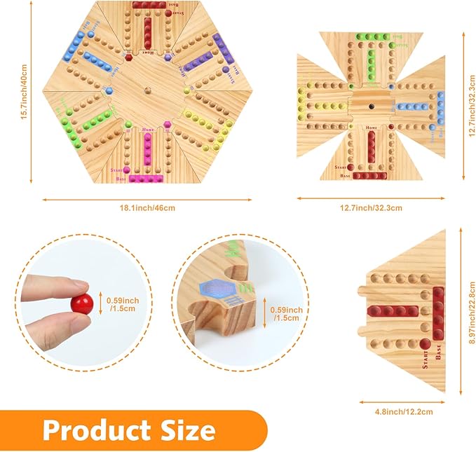 Fast Track Board Game, 18" Detachable Wooden Board Game for 2-6 Players, Portable Marble Game with 32 Marbles and 8 Dices for Family, Friends, Party Game Night