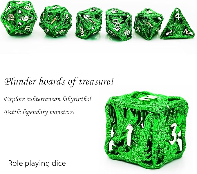 HAOMEJA Hollow Dragon Dice DND Metal Dice Set 7 Role Playing Dice D&D Dungeons and Dragons Dice (Green)