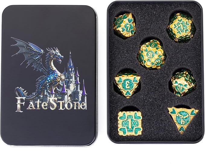 DND Metal Dice 7pcs D&D Dice Set with Beautiful Gift Box Suitable for Dungeons and Dragons MTR PRG Tabletop Games (Gold-Green)