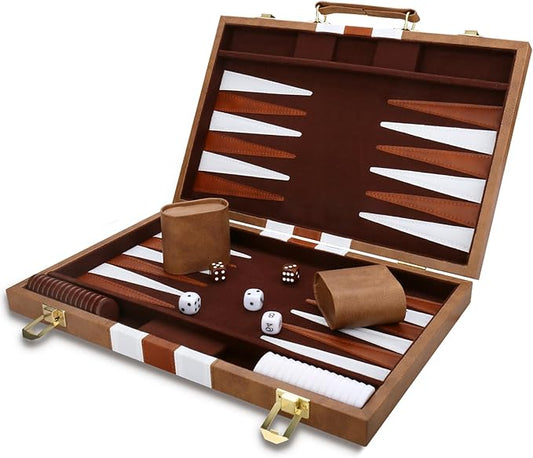 Backgammon Set - Classic Board Game with Premium Leather Case - Portable Travel Strategy Backgammon Game Set for Adults, Kids (11inch, Khaki)