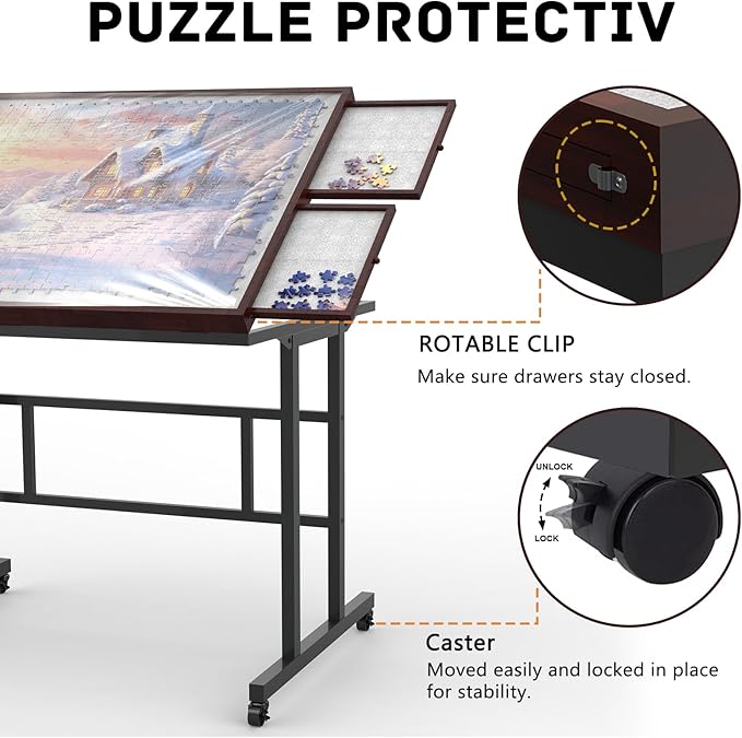 Jigsaw Puzzle Table 1500pcs with Legs and Storage Pocket,5 Adjustable Up Level Puzzle Tables for Adults with Drawers and Wheels,Board Game Table,Coffee Color