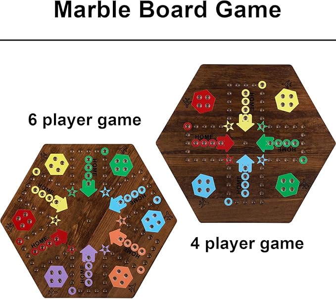 Large 20 Inches Wahoo Marble Board Game 4 and 6 Players 2 Sided Painted Thicken Wooden Dice Marbles Game for Family Friends Party Game Nights