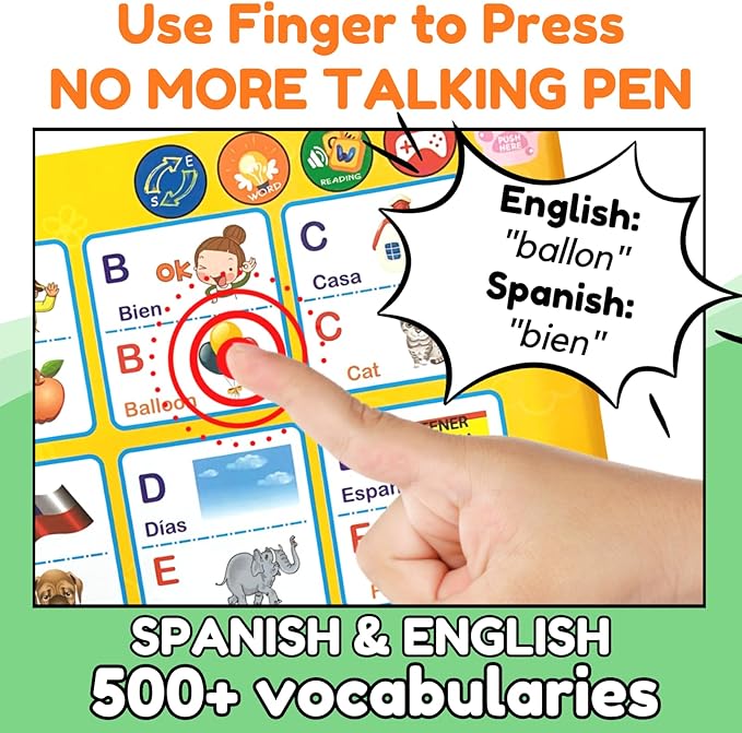 ZEENKIND Spanish & English Talking Learning Book for Kids 2 3 4 5 6 Years Old, Interactive Audio Sound Books, Toddler Educational Toy to Learn Spanish, Electronic Bilingual Toys, Juegos para Niños