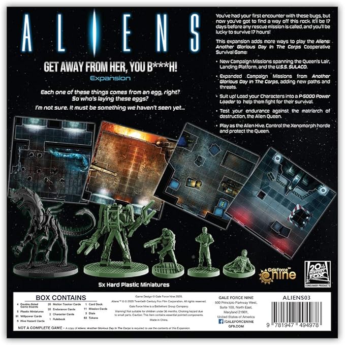 Gale Force Nine | Aliens: Another Glorious Day in The Corps: Get Away from Her, You BxXxh! Expansion | Board Game | 1-6 Players | Ages 14+ | 60 to 120 Minute Playing Time