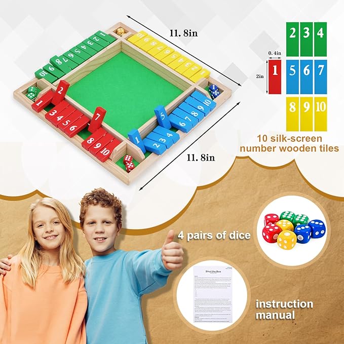 1-4 Players 12IN Large Shut The Box Dice Game, 10 Numbers Traditional Wooden Pub Bar Board Family Table Mat Game Dice for Kids and Adults