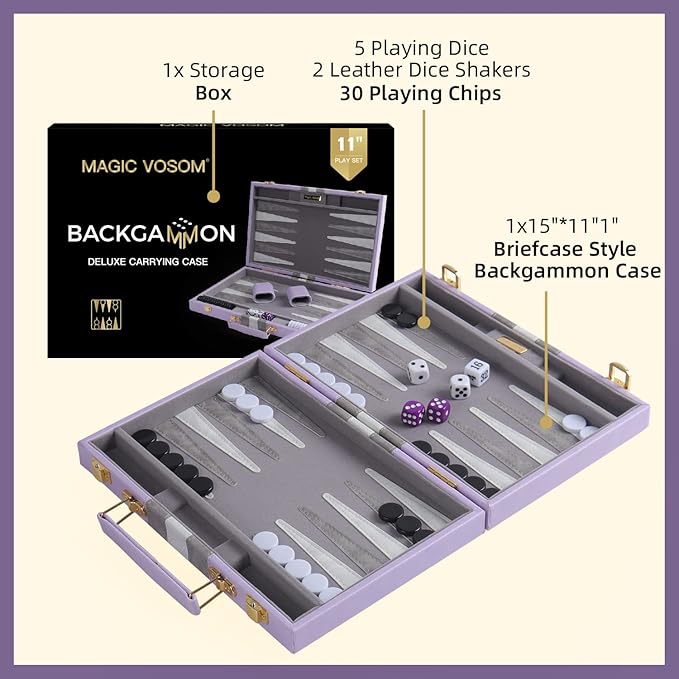 Travel Small 11 Inch Backgammon Set Classic Board Game with Leather Make Board Gift Package, Portable Strategy Game Set for Adults, Kids (Purple, Small)