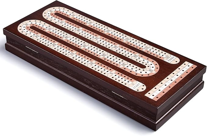 AMEROUS Wooden Cribbage Board Game Set with Magnetic Lock / 9 Metal Pegs / 2 Decks of Playing Cards/Larger Storage Area/Instruction, Classic Tabletop Game for Family (3 Track Board)