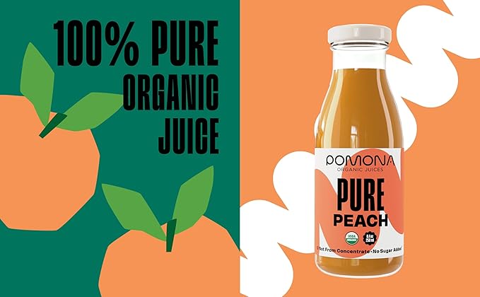 Pomona Organic Peach Juice (Pack of 12), Cold Pressed USDA Organic Juices, 100% Peaches, No Added Sugar, Not From Concentrate, Vegan, Kosher, Non GMO, Pasteurized, 8.4 oz Glass Bottles