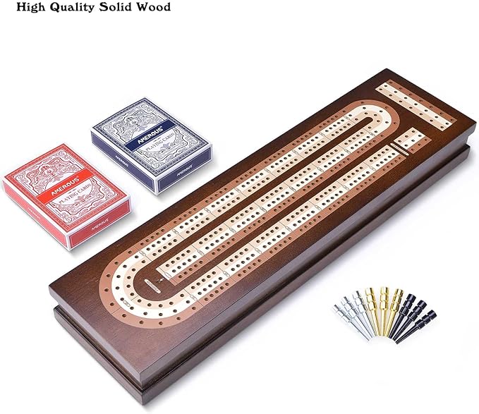 AMEROUS Wooden Cribbage Board Game Set with Magnetic Lock - Metal Pegs - 2 Playing Cards - Continuous 3 Track Board - Larger Storage Area, Travel Portable Cribbage Game Sets for Family