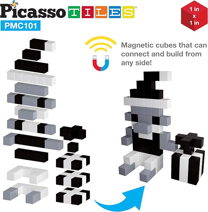 Picasso Cubes 1” Magnetic Puzzle Cube 101 pcs Black and White Magnet Construction Building Block Set Sensory Toy Early Education STEM Learning, Free Ideabook with 53 Ideas, Children Age 3+ Boy Girl