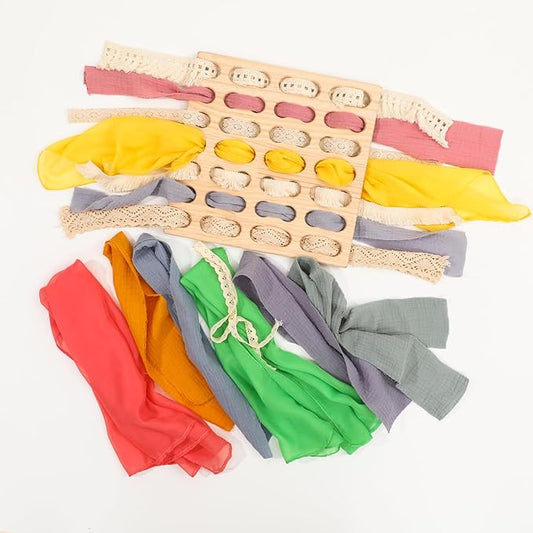 Eray Wooden Toys Open Ended Busy Board with Play Silks Kid Safe Weaving Board Handwork Gift Educational Toy