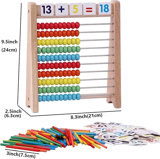 Wooden Abacus for Kids Math with 100 Counting Sticks and Number Toys Cards 1-100 and 2 in 1 Multiplication Addition Math Board Game for Kids - Wooden Montessori Math Toys for Girls Boys