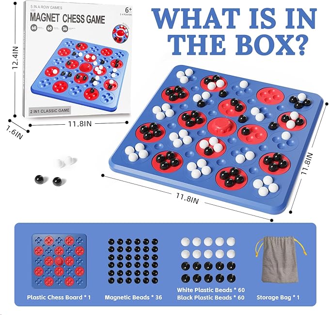 Magnet Game, Magnetic Game Chess, Board Games for Kids 6-8-12, 2 in 1 Multiplayer Family Board Games, Magnet Chess Games with 36 Magnetic Pieces, Connect 5 Piece with 120 Plastic Pieces (Blue)