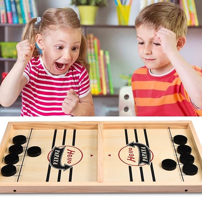 Fast Sling Puck Game - Test Your Speed and Accuracy with This Fast-Paced Wooden Air Hockey Desktop Battle Board Game - Guaranteed Fun Gifts for Family Night or Friends Party