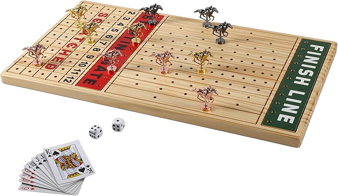 21 inches Horse Race Board Game Racing Game Solid Wood with 11 Luxurious Durable Classic Metal Horses Finish Line Horse Racing Game with 4 Dice and 2 Boxes of Cards
