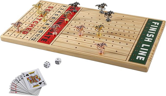 21 inches Horse Race Board Game Racing Game Solid Wood with 11 Luxurious Durable Classic Metal Horses Finish Line Horse Racing Game with 4 Dice and 2 Boxes of Cards