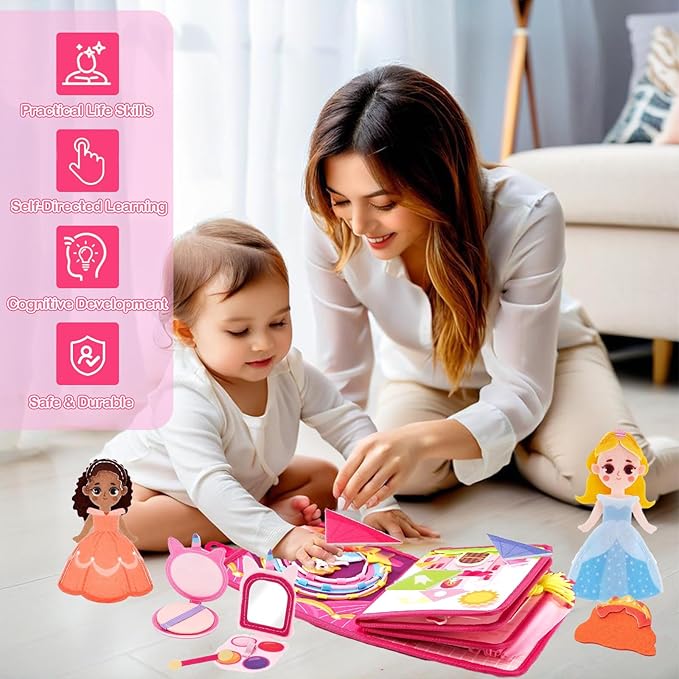 Busy Book for Toddlers 1-3, Princess Busy Board Toys for Girls, Montessori Preschool Learning Role Play Toy Book for Kids