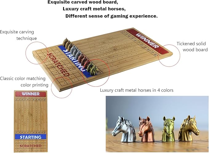 Metal Horse Race Board Game Set with Horse Racing Thick & Solid Wood Game Board(22”/Natrual),11 Luxurious with 4Antique(Gold,Silver,Red Cooper&Bronze) Metal Craft Horses, Dice&Cards (HR-F554)
