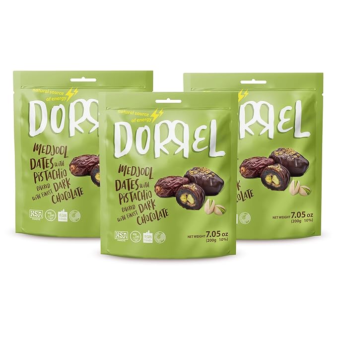 DORREL - Belgian Dark Chocolate Covered Dates (Medjool) with Pistachio Stuffing, High Energy Vegan Choco Snack, Delicious, Kosher & Non-GMO, Pack of 3 Stuffed Chocolate Dates, 7.05 oz / 200 g Ea
