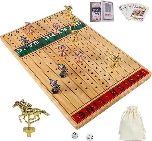 Horse Race Board Game with 11 Luxurious Durable Classic Metal Horses with 4 Dice and 2 Boxes of Cards Thickened Solid Wood Horse Racing Dice Game (Log Color,Rectangle)