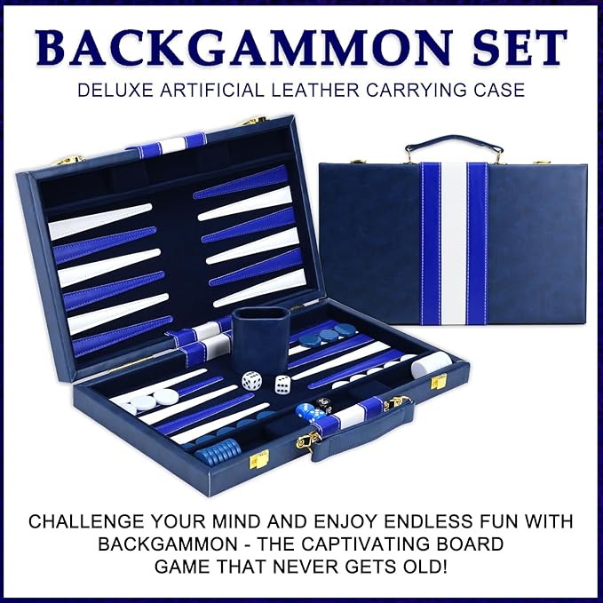 Backgammon Sets for Adults, 15 inch Backgammon Brown Sets Classic Board Game with Premium Leather Case, Portable Travels Strategy Backgammon Game Set for Adults, Kids (Blue)