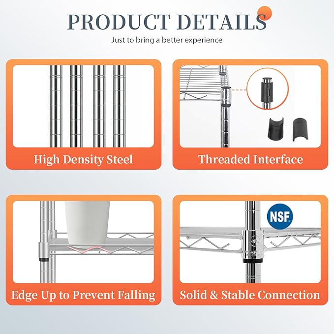 BestOffice 6-Shelf Storage Shelves, Adjustable Shelving Unit Wire Shelving Metal Shelves,11.8" D x 16.7" W x 63.6" H,Chrome