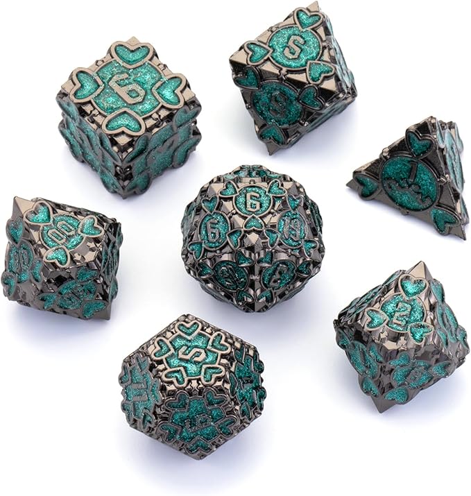 Metal D&D Dice Set, 7 pcs Polyhedral Dice Set with Beautiful Gift Box for Dungeons and Dragons MTR PRG Tabletop Games (Black-Green)