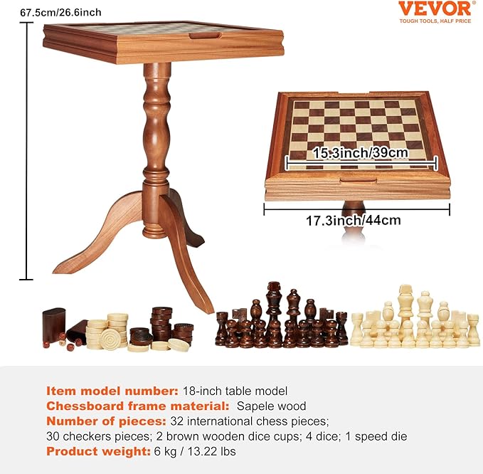 VEVOR 3-in-1 Chess Checkers Backgammon Table Set, 18 Inch Premium Wooden Chess Table, Deluxe Combo Game Table Furniture Set, Chess Set Board Game Gift for Family Board Games