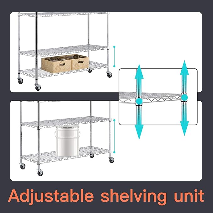 48" D×18" W×82" H Wire Shelving Unit Metal Shelf with 6 Tier Casters Adjustable Layer Rack Strong Steel for Commercial Restaurant Garage Pantry Kitchen Garage,Chrome