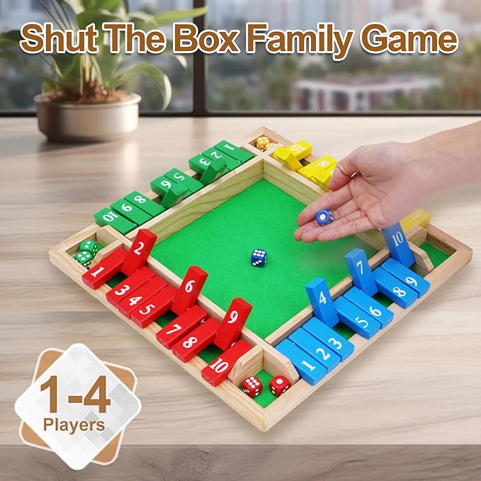 1-4 Players 12IN Large Shut The Box Dice Game, 10 Numbers Traditional Wooden Pub Bar Board Family Table Mat Game Dice for Kids and Adults