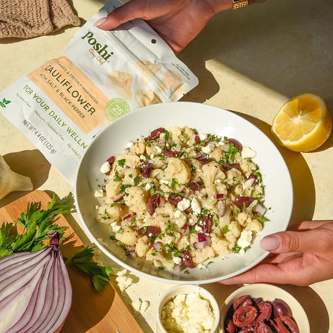 POSHI Marinated Cauliflower Florets with Salt + Black Pepper Natural, Keto, Vegan, Non GMO, Low Carb + Calorie, Gluten Free Ready to Eat Fully Cooked Vegetables, Pentry Food, Gourmet, 6 Pack, 4.4 oz