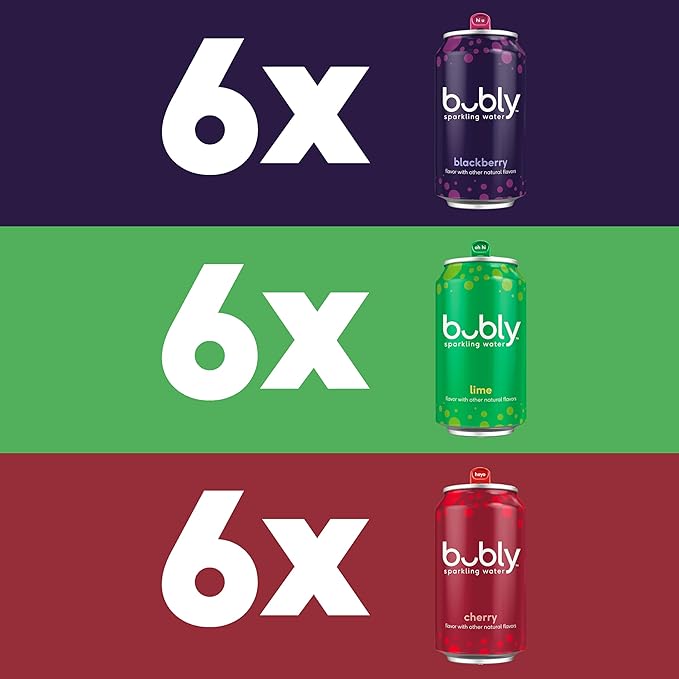 bubly Sparkling Water, Lime Yours 3 Flavor Variety Pack (Lime, Cherry, Blackberry), Zero Sugar & Zero Calories, Seltzer Water, 12 Fl Oz Cans (Pack of 18)