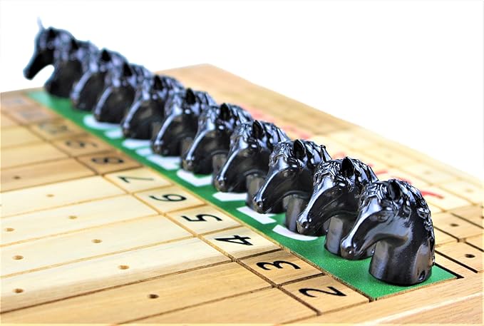 Metal Horse Race Board Game Set with Horse Racing Thick & Solid Wood Game Board, 11 Luxurious & Durable Classic Black Colored Metal Craft Horses, Dice and Cards for Horseracing (HR-652)