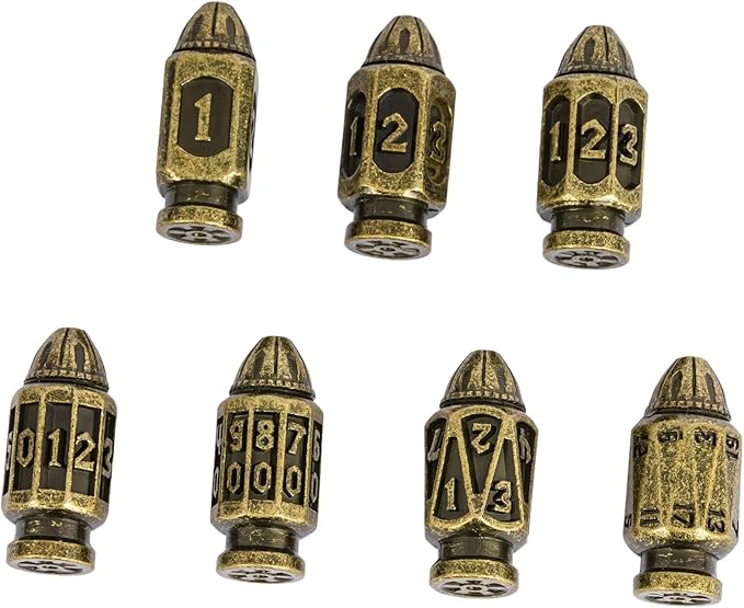 UDIXI Metal DND Bullet Dice Set, 7-Die Solid Polyhedral Metal Dice Set D&D with Magazine Container for Role Playing Game or Other Tabletop Games(Bronze)