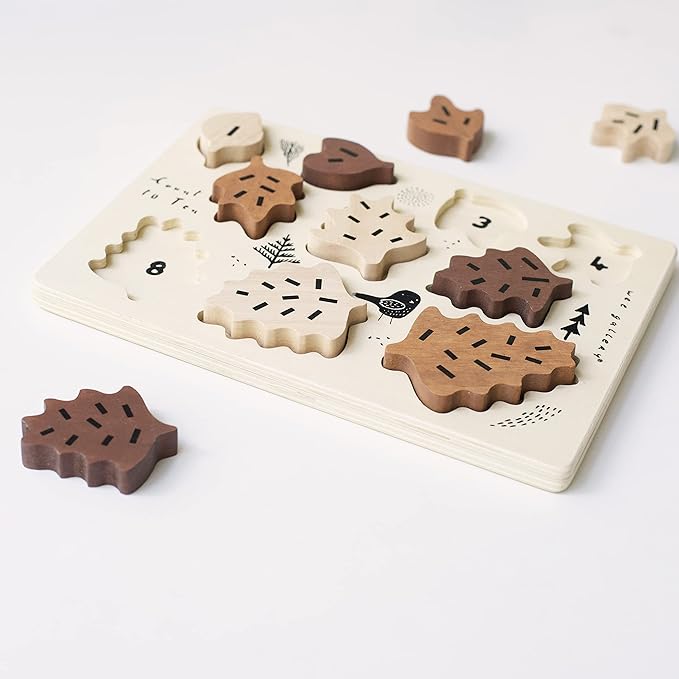 Wee Gallery Wooden Tray Puzzle Count to Ten Leaves, Montessori Toy for Toddlers and Preschoolers for Early Learning and Fine Motor Skill Development, Sustainable Educational Puzzle for Kids