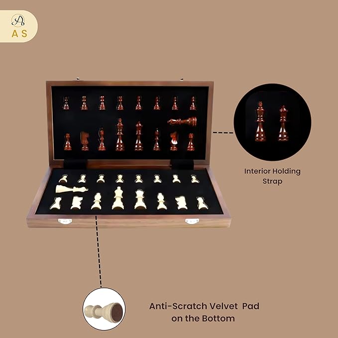 AS Chess Board for Adult | Wooden Walnut Chess & Checkers Set - Chess Board Game | Foldable -15 Inch - 2 Extra Queens | Magnetic Chess Game with Storage Slot | Travel Unique Portable (Sapele 15 inch)