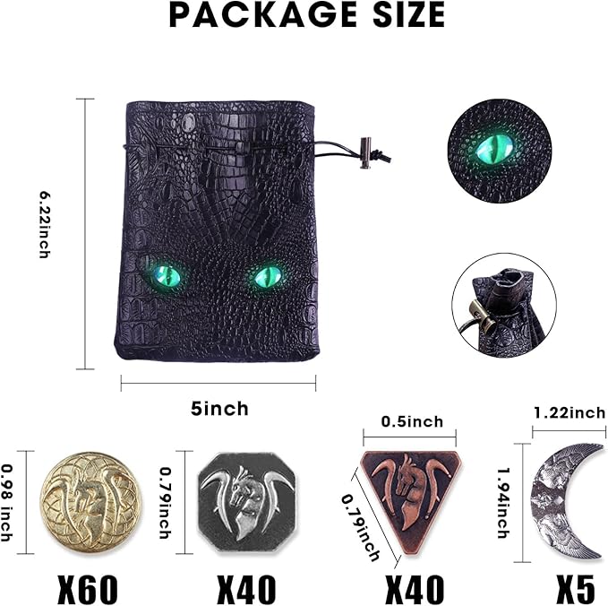 145PCS Metal DND Coins & Leather Bag, Contains 60 Gold Coins, 40 Sliver Coins, 40 Copper Coins and 5 Platinum Coins, Tokens with Glow in The Night Eyes Bag for RPG Tablelap Games