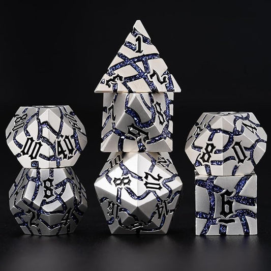 Dice Set D&D Dungeons and Dragons Dice D20 Metal DND Dice Set with Box, Polyhedral Role Playing Dice D12 D10 D% D8 D6 D4 for MTG RPG Board Games(Pearl Silver Purple)