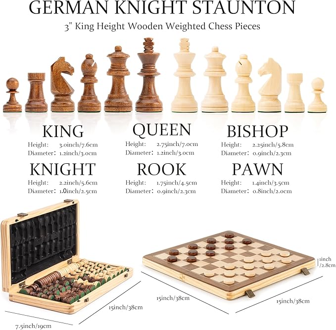 A&A 15" Magnetic Wooden Chess Set/Folding Board / 3" King Height German Knight Staunton Chess Pieces/Mahogany & Maple Inlaid /2 Extra Queen